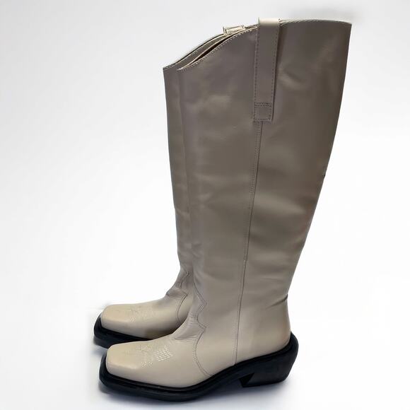 ALOHAS Cattle Cowboy Leather Squre Toe Tall Boots in Ivory Size 7-7.5 - Picture 9 of 16